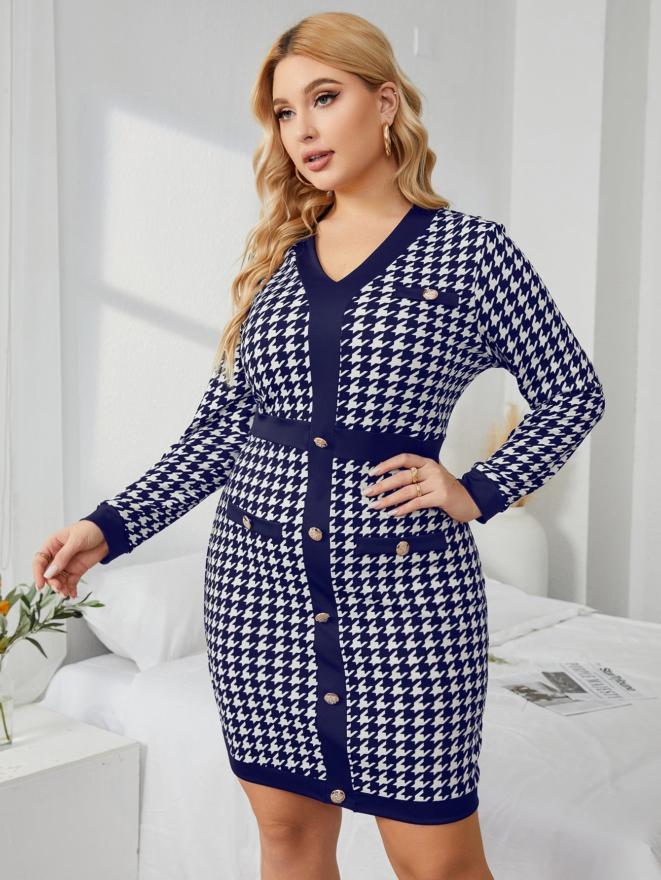 Plus Houndstooth Fake Button Bodycon Dress Sai Feel