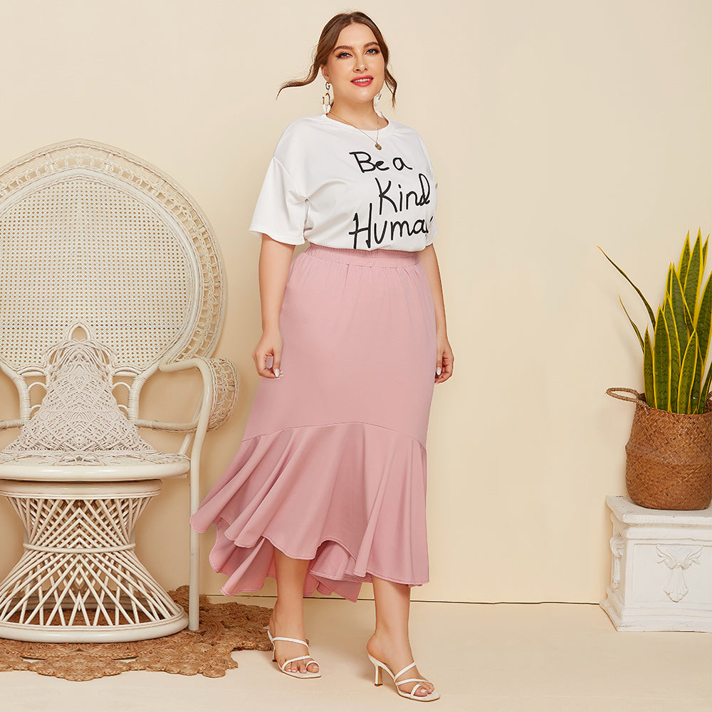 Plus Large Size Women's Short Sleeves Lettered Print T-shirt Solid Color Loose Pleated skirt casual Set Of Two Sai Feel