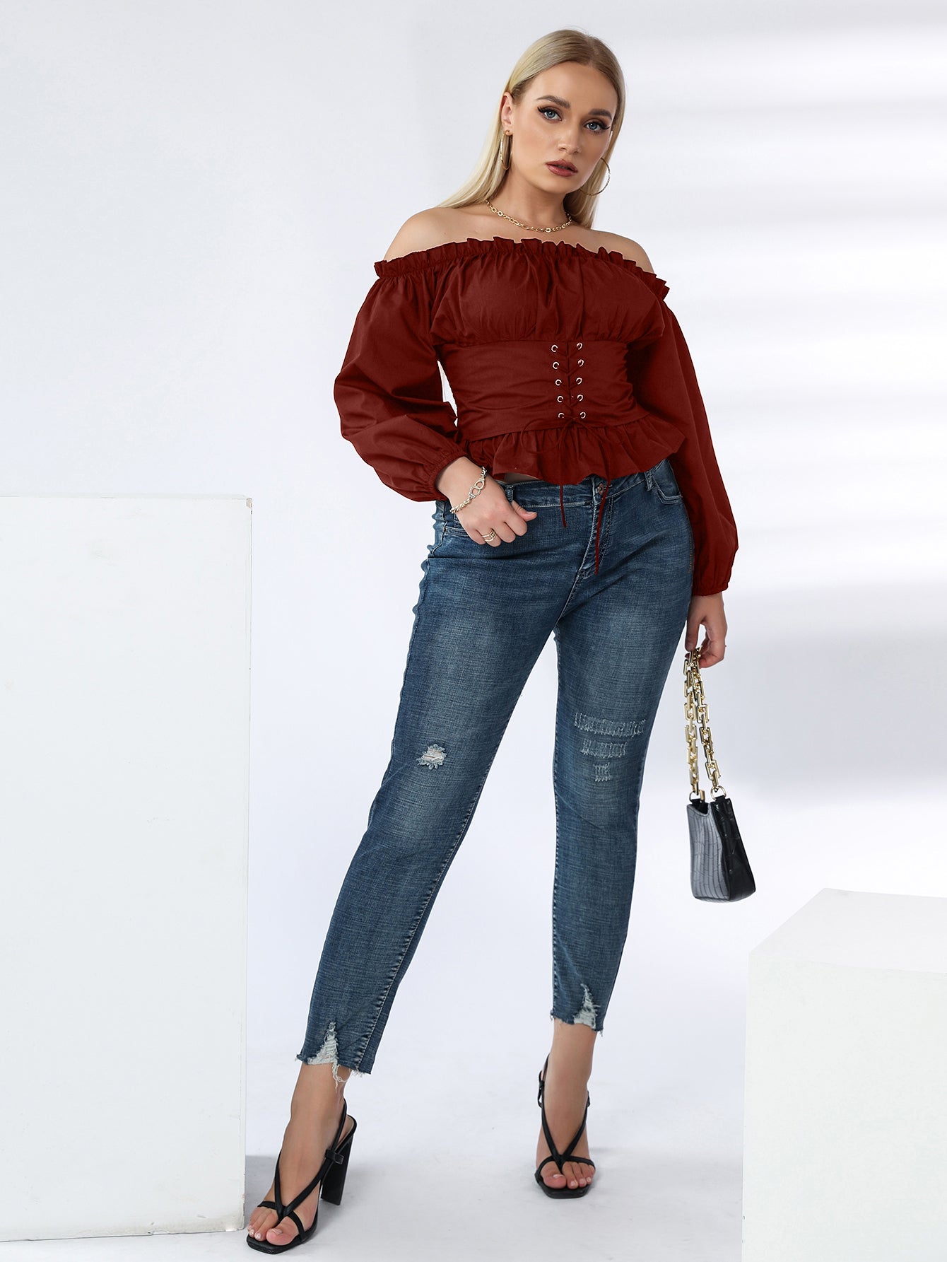 Plus Off Shoulder Lace Up Ruffle Hem Peplum Blouse Sai Feel