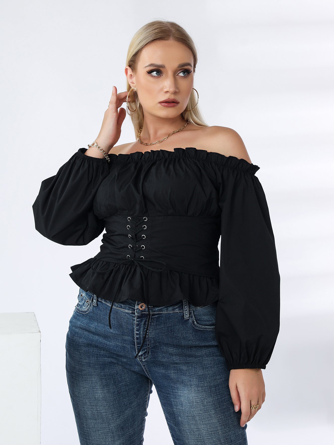 Plus Off Shoulder Lace Up Ruffle Hem Peplum Blouse Sai Feel