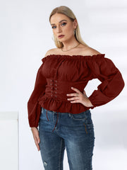 Plus Off Shoulder Lace Up Ruffle Hem Peplum Blouse Sai Feel