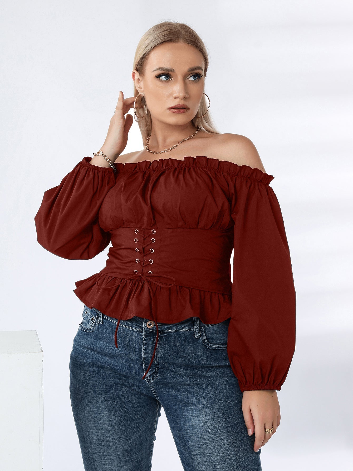 Plus Off Shoulder Lace Up Ruffle Hem Peplum Blouse Sai Feel