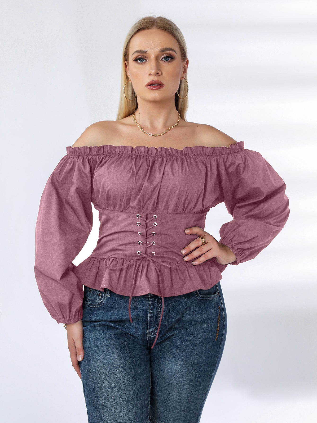 Plus Off Shoulder Lace Up Ruffle Hem Peplum Blouse Sai Feel