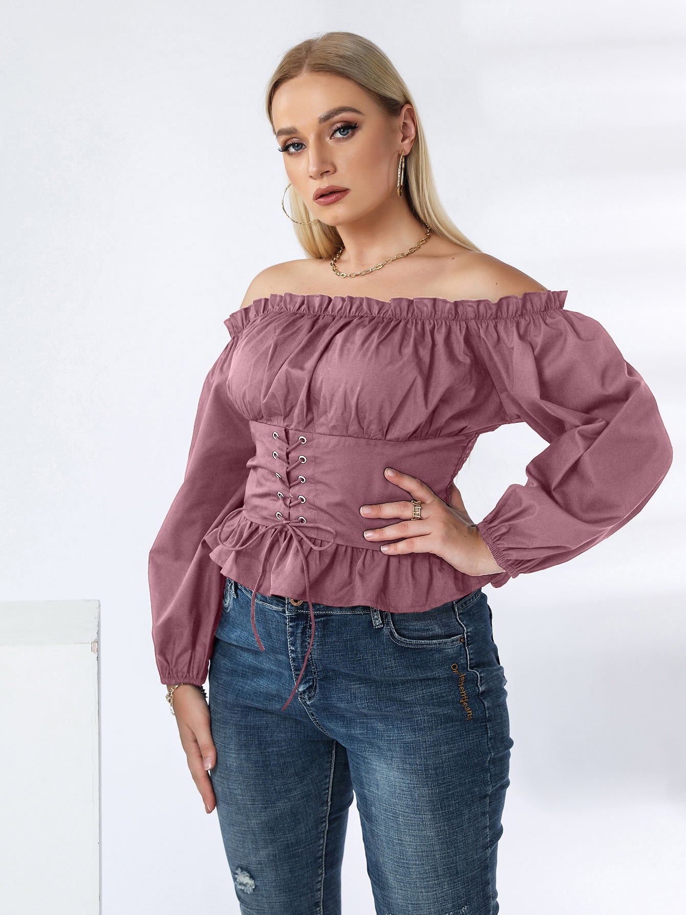 Plus Off Shoulder Lace Up Ruffle Hem Peplum Blouse Sai Feel