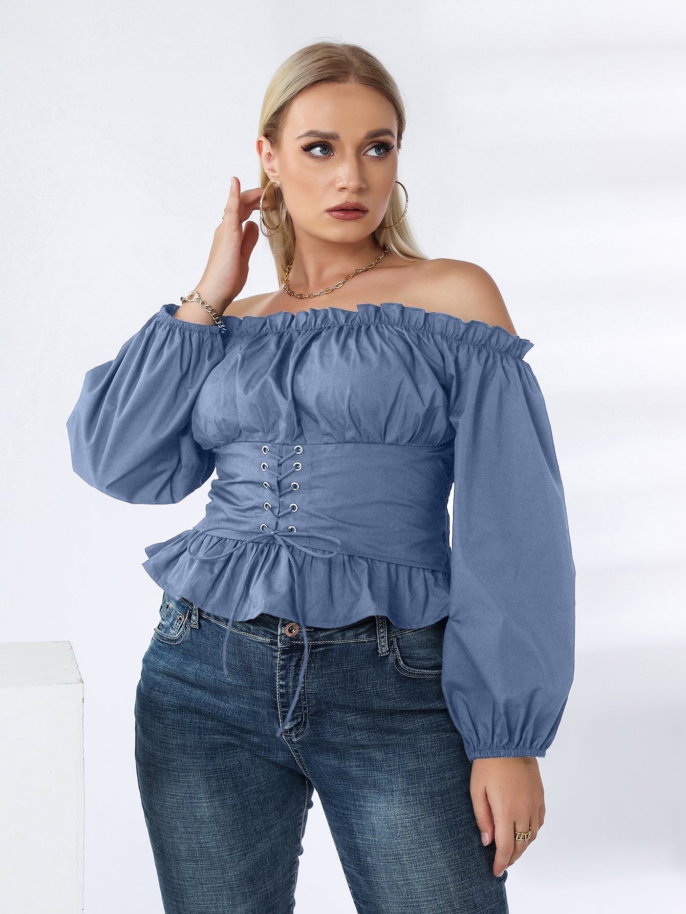 Plus Off Shoulder Lace Up Ruffle Hem Peplum Blouse Sai Feel