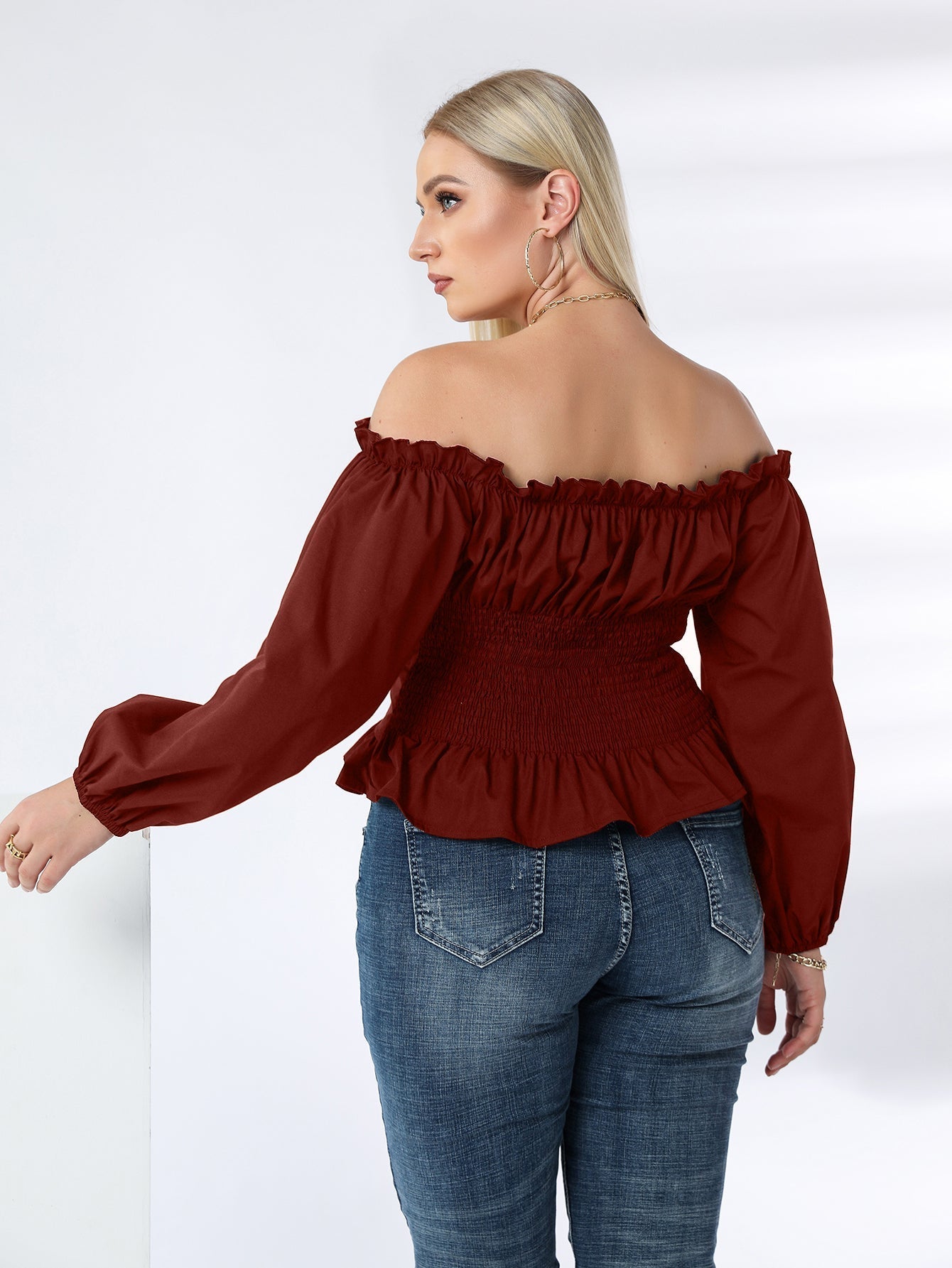 Plus Off Shoulder Lace Up Ruffle Hem Peplum Blouse Sai Feel