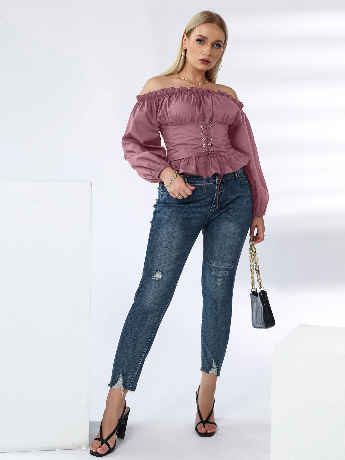 Plus Off Shoulder Lace Up Ruffle Hem Peplum Blouse Sai Feel