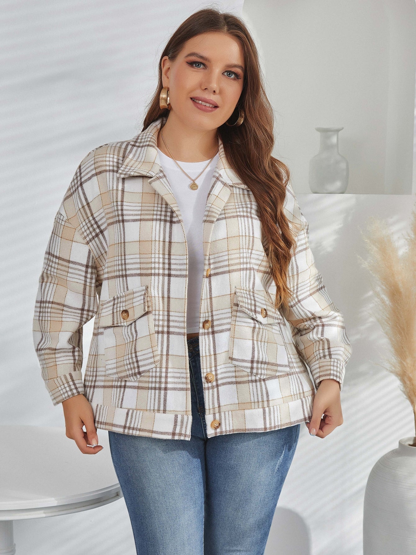 Plus Plaid Flap Pocket Drop Shoulder Coat Sai Feel