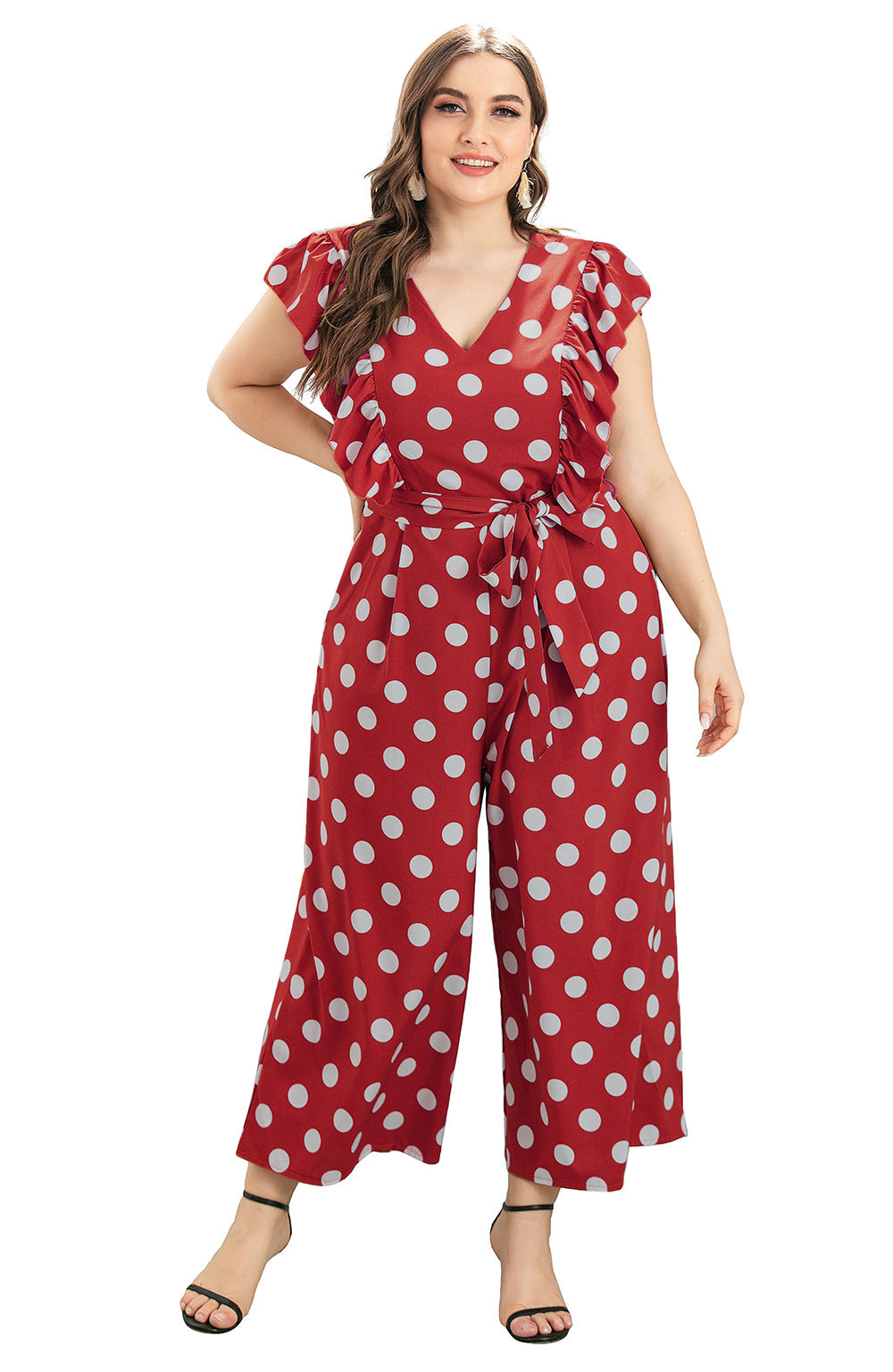 Plus Polka Dot Frill Trim Cami Jumpsuit Sai Feel