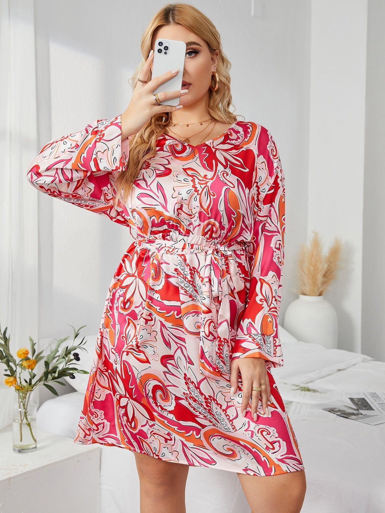 Plus Random Floral Print Drop Shoulder Belted Dress Sai Feel