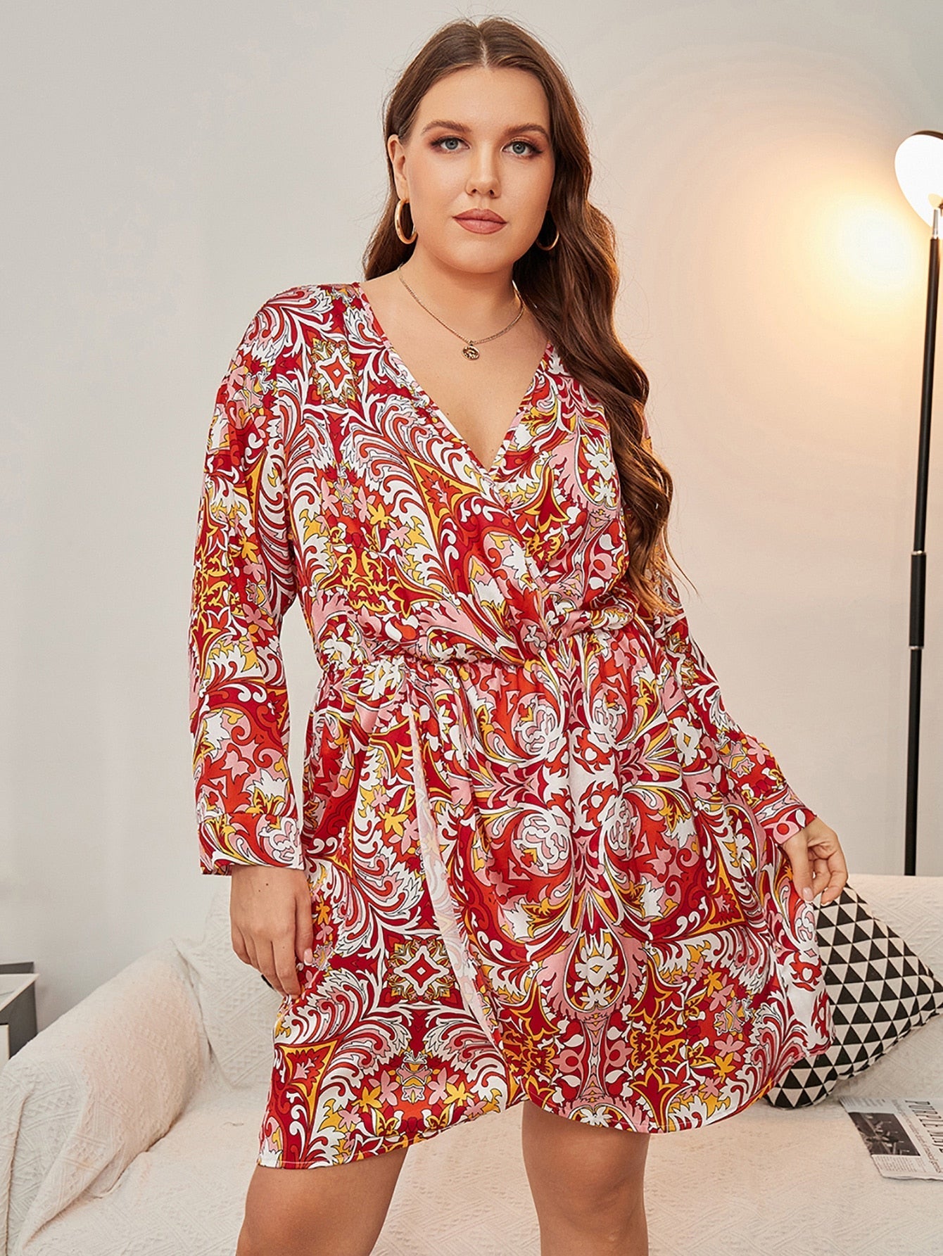 Plus Random Floral Print Wrap Satin Dress Sai Feel