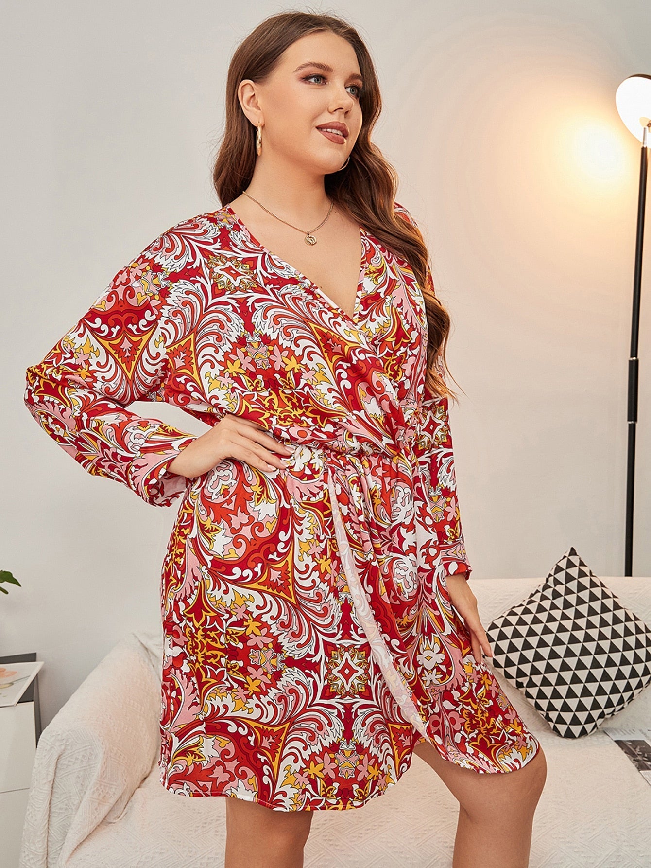 Plus Random Floral Print Wrap Satin Dress Sai Feel