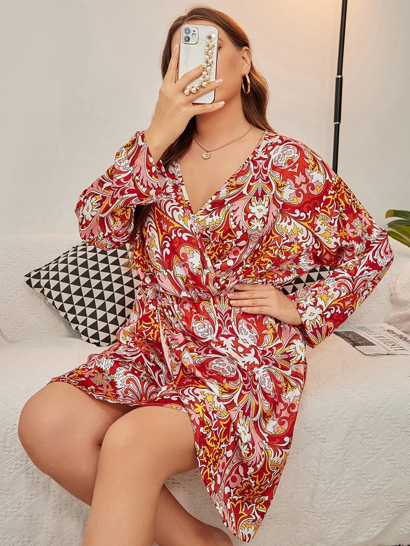 Plus Random Floral Print Wrap Satin Dress Sai Feel