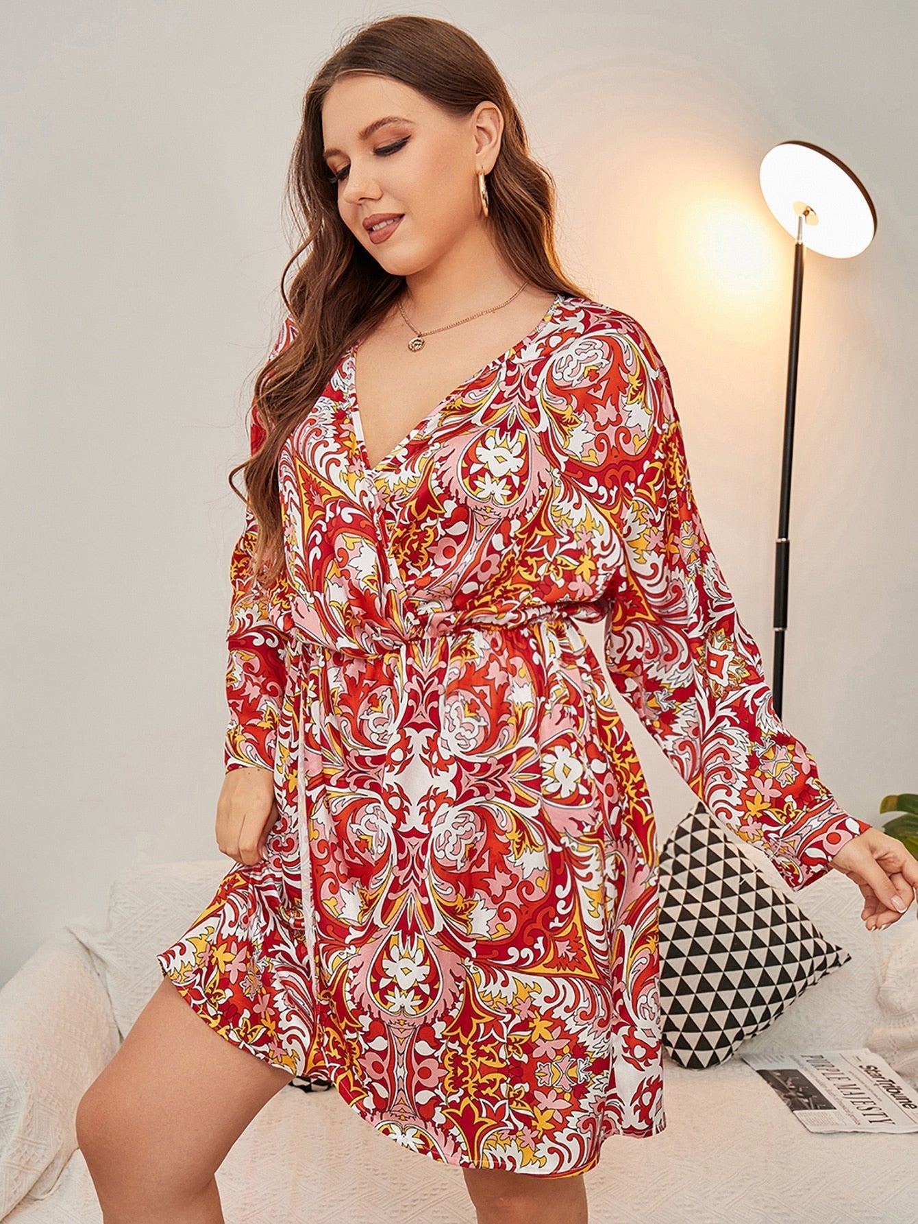 Plus Random Floral Print Wrap Satin Dress Sai Feel