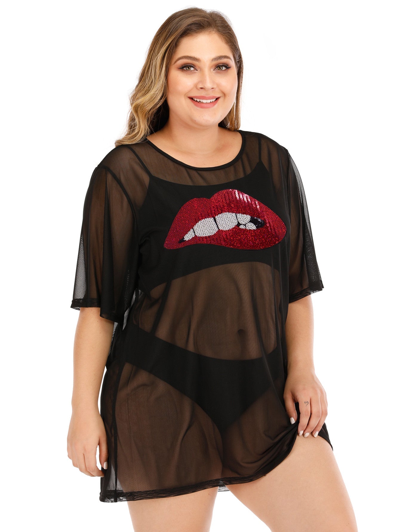 Plus Sequins Lip Pattern Sheer Mesh Cover Up Sai Feel