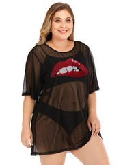 Plus Sequins Lip Pattern Sheer Mesh Cover Up Sai Feel