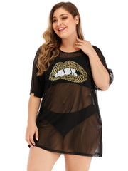 Plus Sequins Lip Pattern Sheer Mesh Cover Up Sai Feel