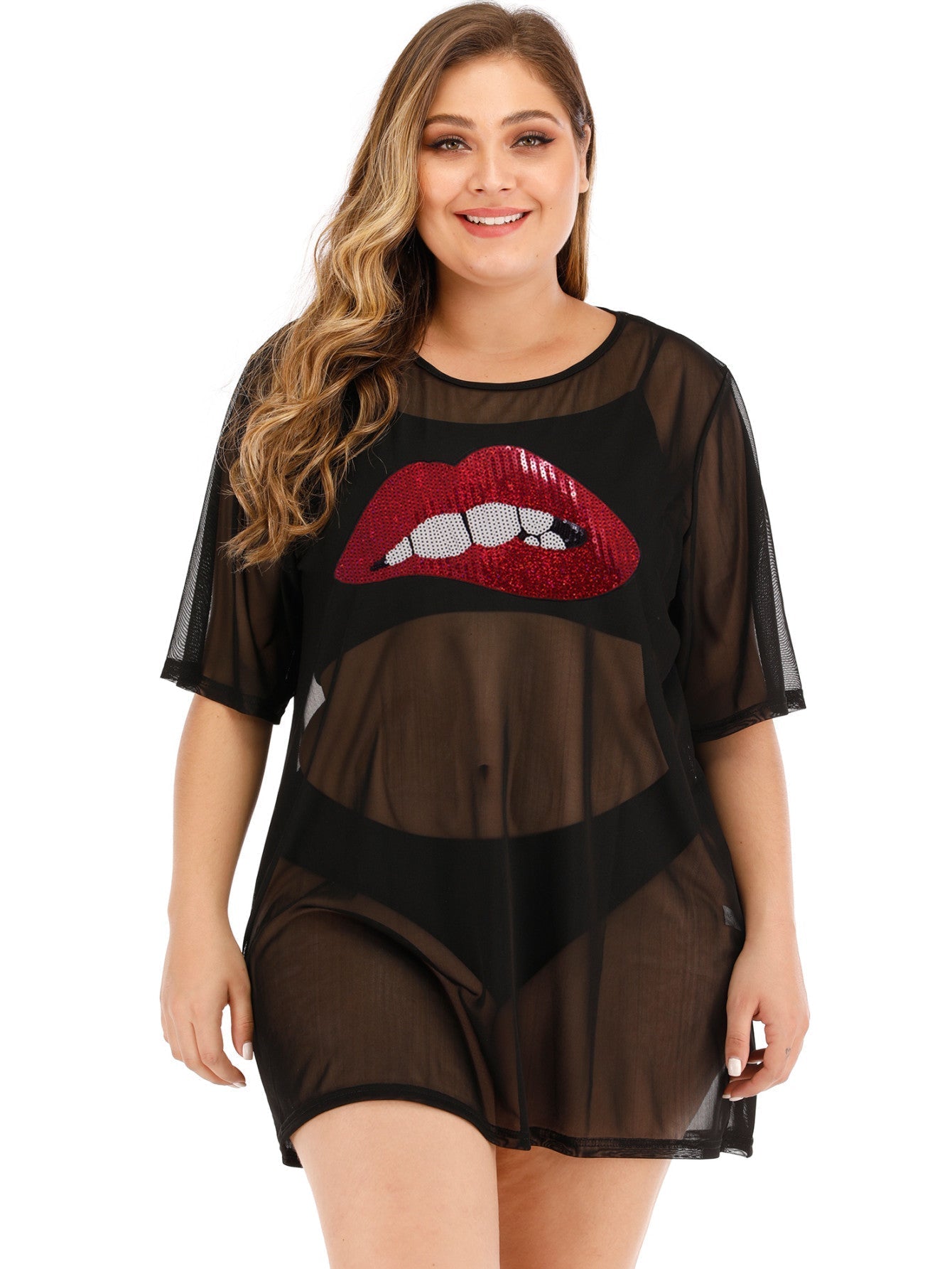 Plus Sequins Lip Pattern Sheer Mesh Cover Up Sai Feel