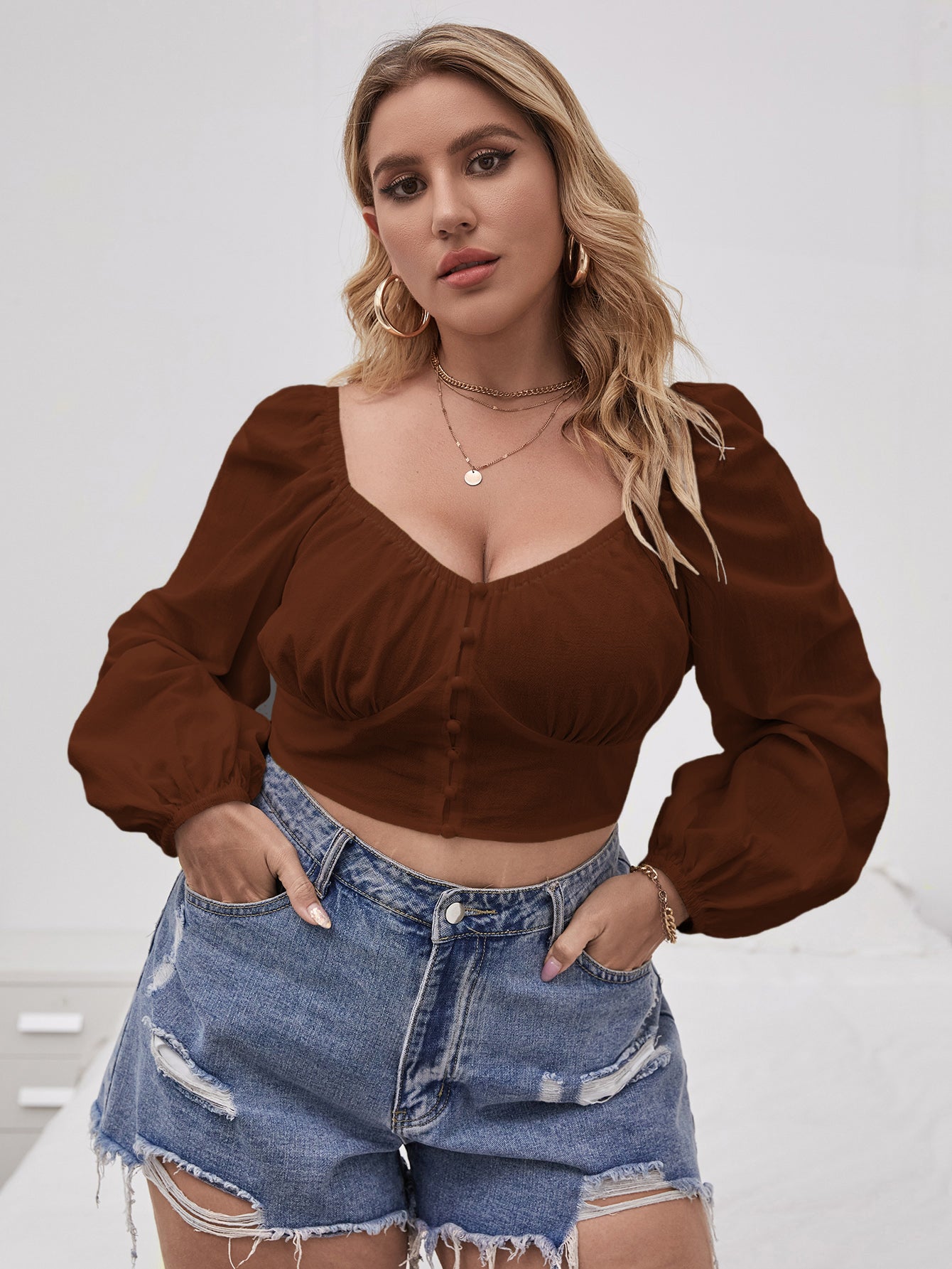 Plus Single Breasted Crop Blouse Sai Feel