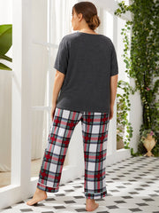 Plus Size 1XL-4LX Women's Sleepwear Short Sleeves Top with plaid Pants 2pcs Pajama Set Sai Feel