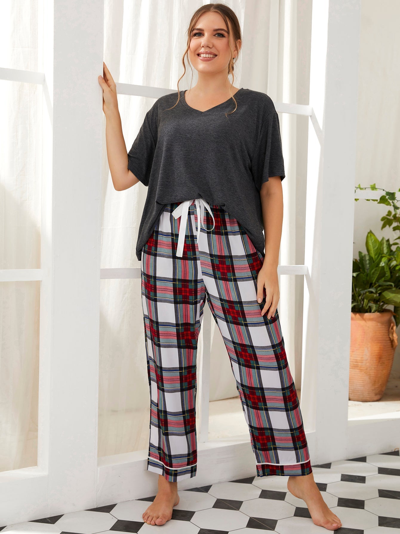 Plus Size 1XL-4LX Women's Sleepwear Short Sleeves Top with plaid Pants 2pcs Pajama Set Sai Feel