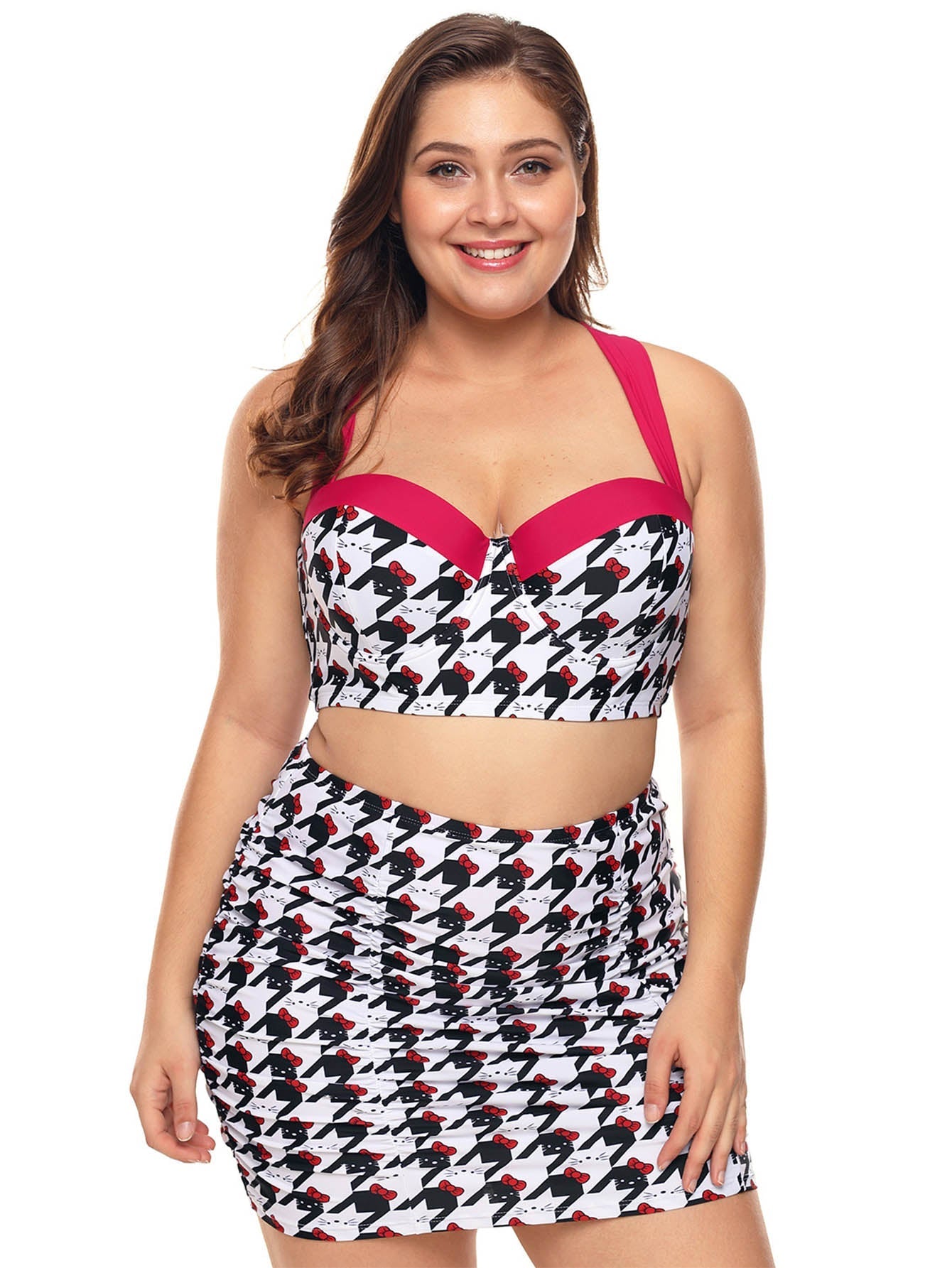 Plus Size 2 Piece Bikini Set Graphic Print Back Cross Tie Top Cover Shorts Bathing Suit Sai Feel