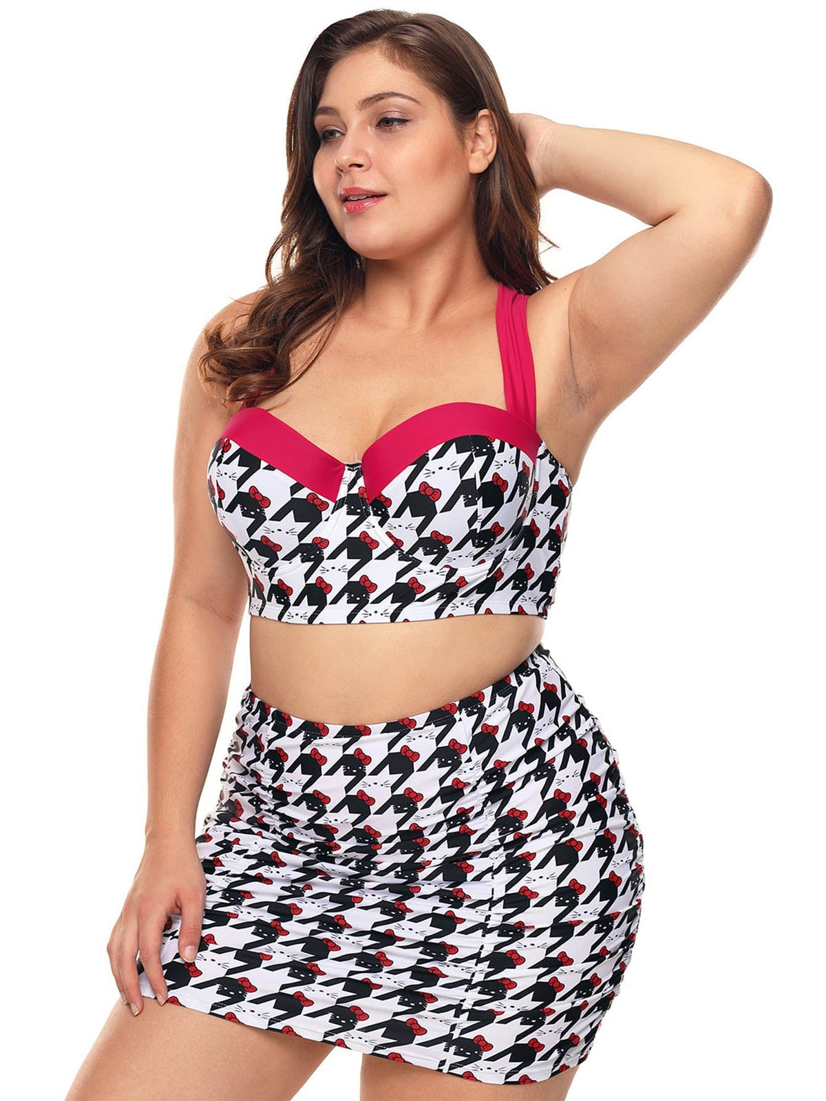 Plus Size 2 Piece Bikini Set Graphic Print Back Cross Tie Top Cover Shorts Bathing Suit Sai Feel