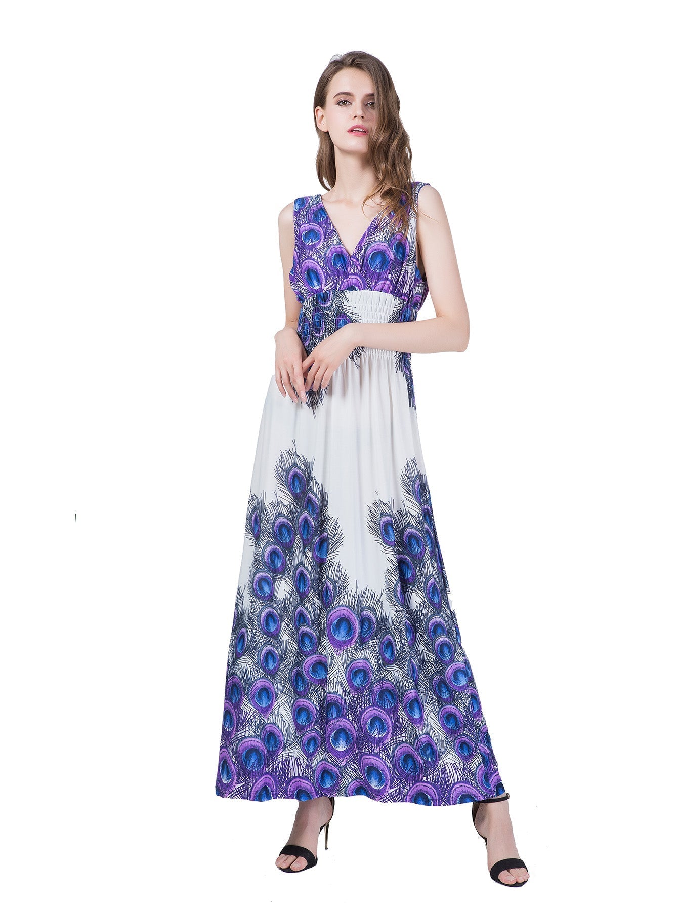 Plus Size 6XL Peacock Double V-neck Print High Elastic Waist Maxi Dress Beach Dress Sai Feel