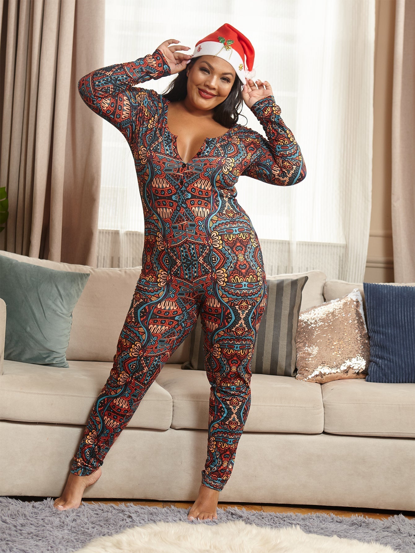 Plus Size Allover Print Knit Bodycon Jumpsuit Catsuits Sai Feel