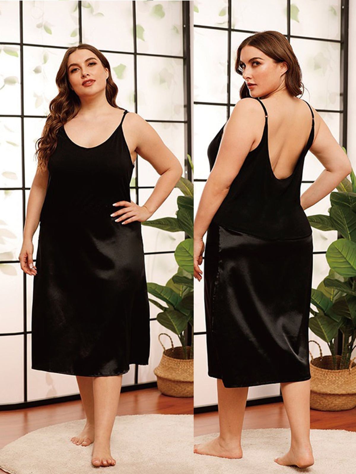 Plus Size Backless Black Satin Cami Basic Dress – Sai Feel