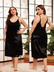 Plus Size Backless Black Satin Cami Basic Dress Sai Feel