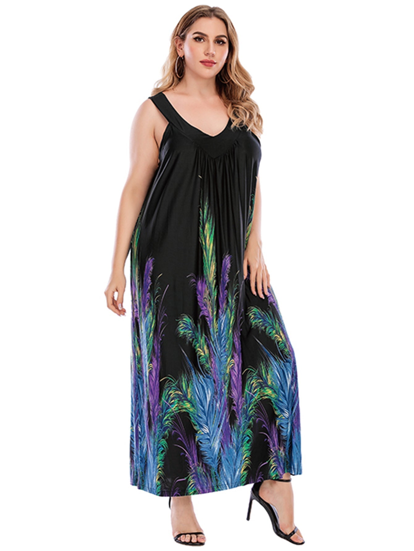 Plus Size Black with Feather Print V-neck Dress Sai Feel