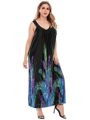 Plus Size Black with Feather Print V-neck Dress Sai Feel