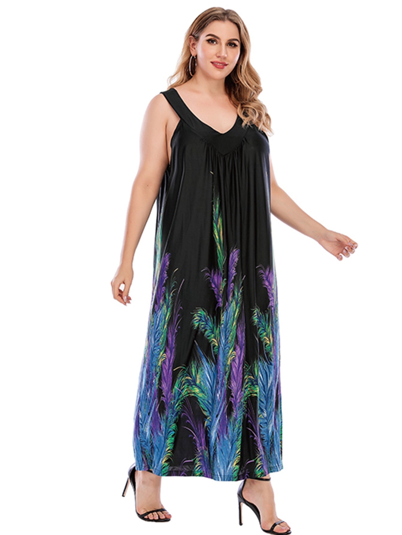 Plus Size Black with Feather Print V-neck Dress Sai Feel