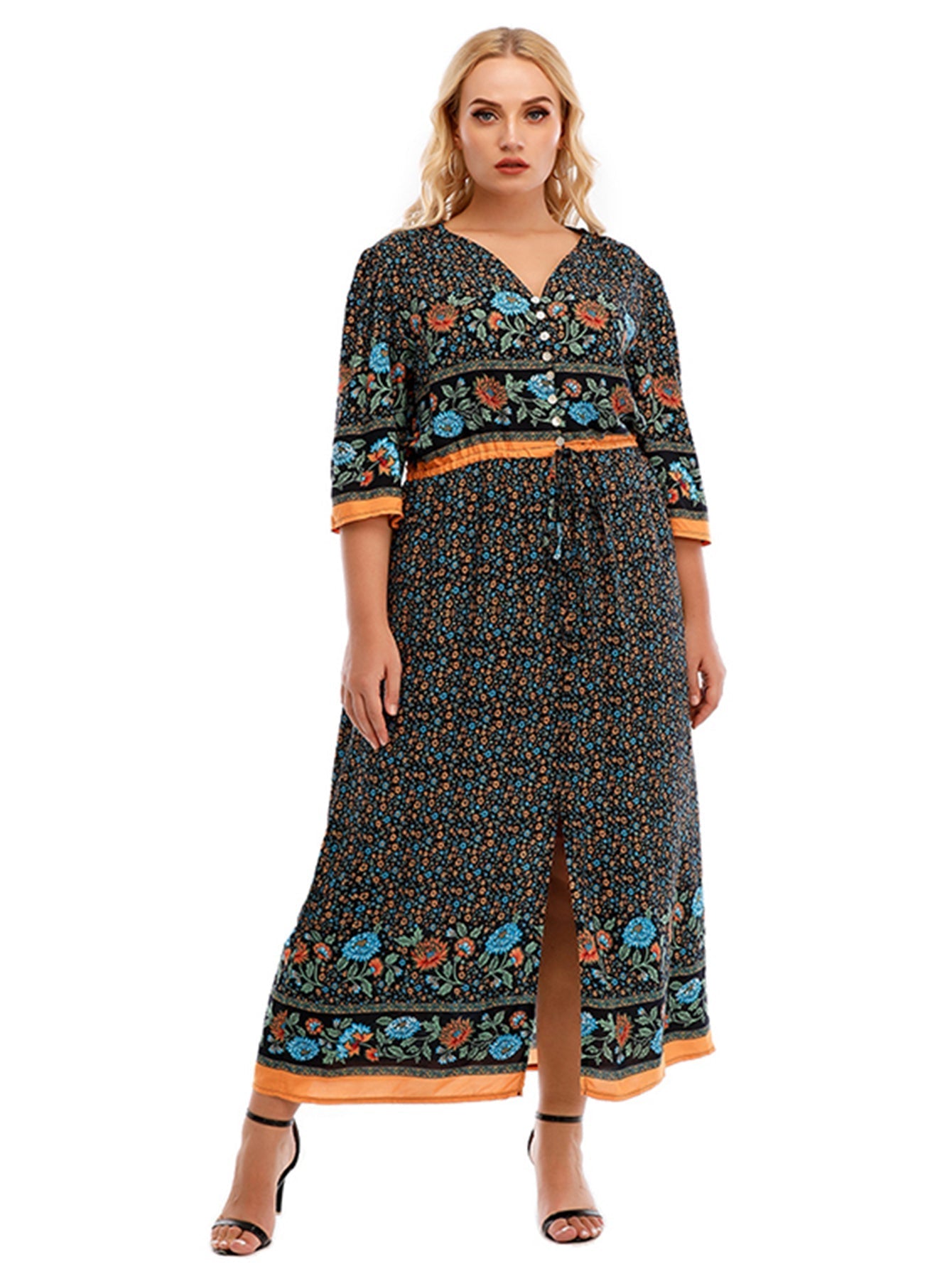 Plus Size Boho Print Elastic Waist Split Dress Sai Feel