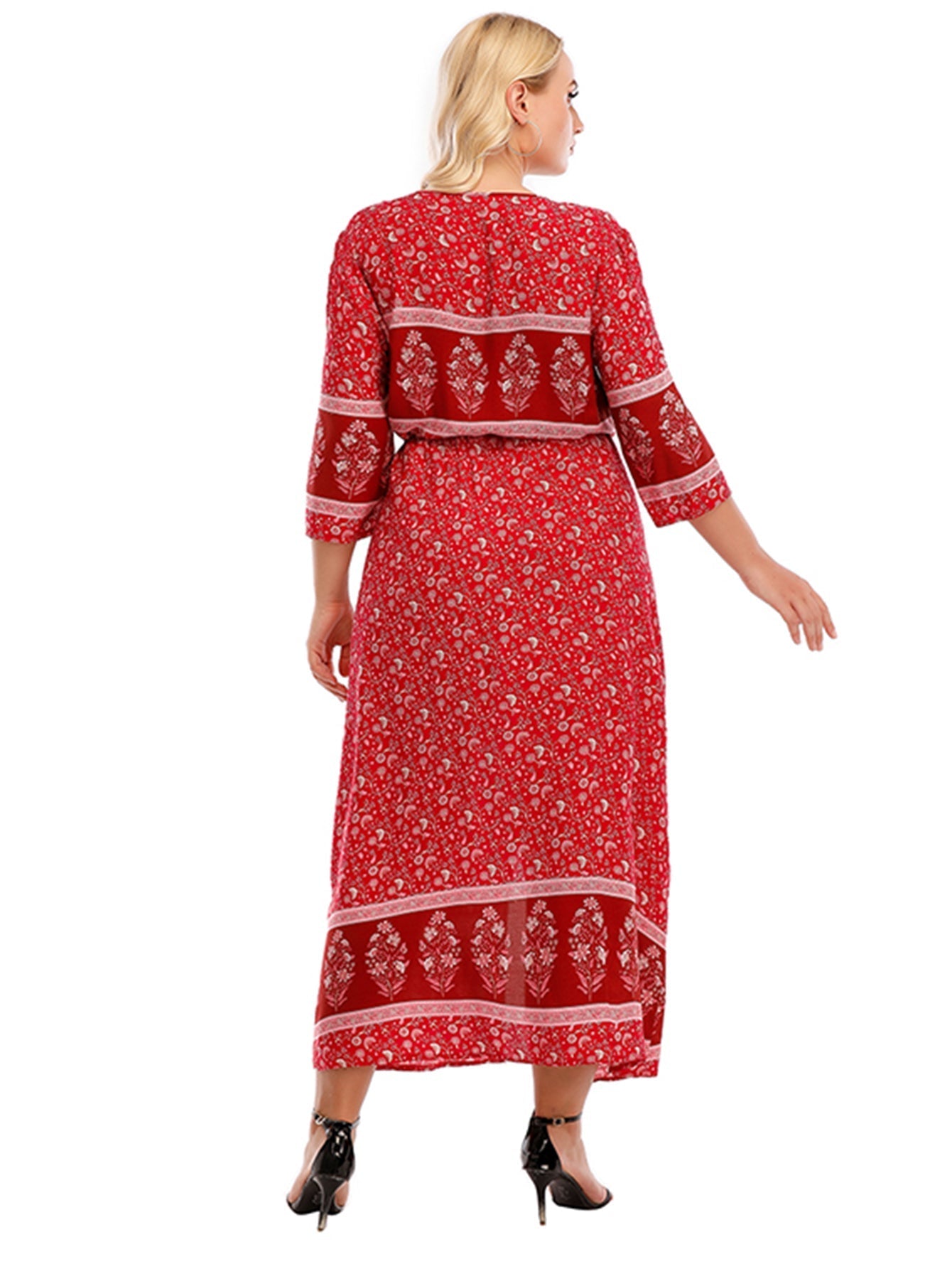 Plus Size Boho Print Elastic Waist Split Dress Sai Feel
