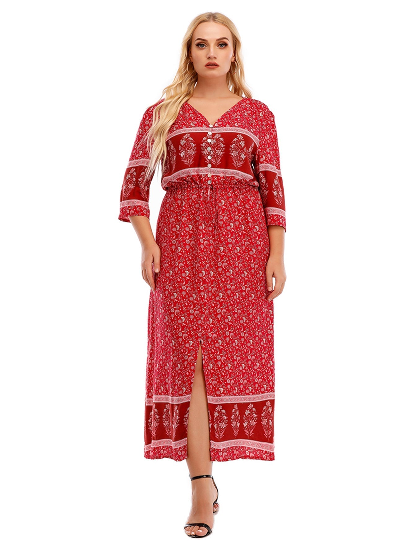 Plus Size Boho Print Elastic Waist Split Dress Sai Feel