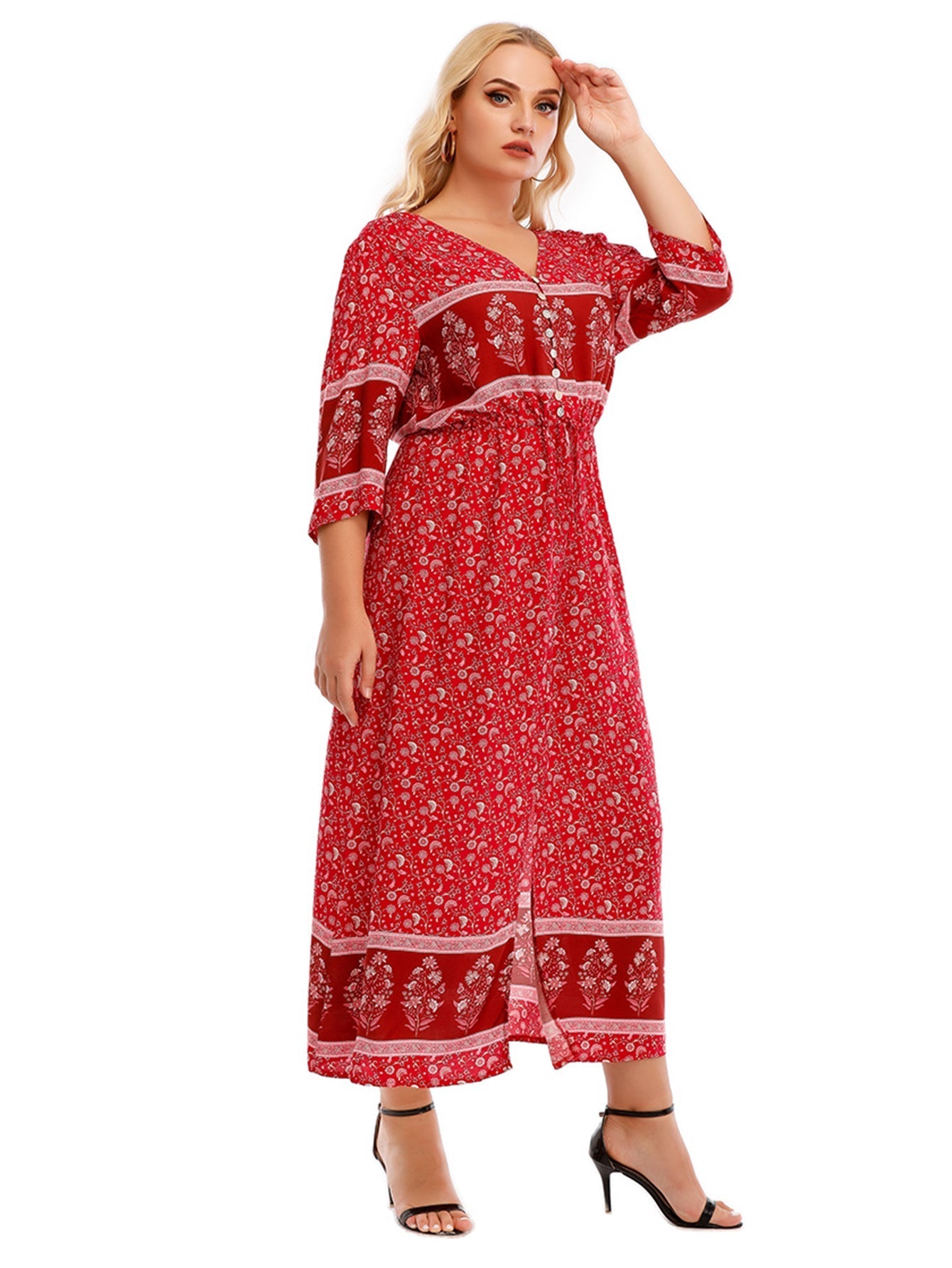 Plus Size Boho Print Elastic Waist Split Dress Sai Feel