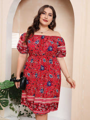 Plus Size Boho Print Off Shoulder Elastic Waist Dress Sai Feel