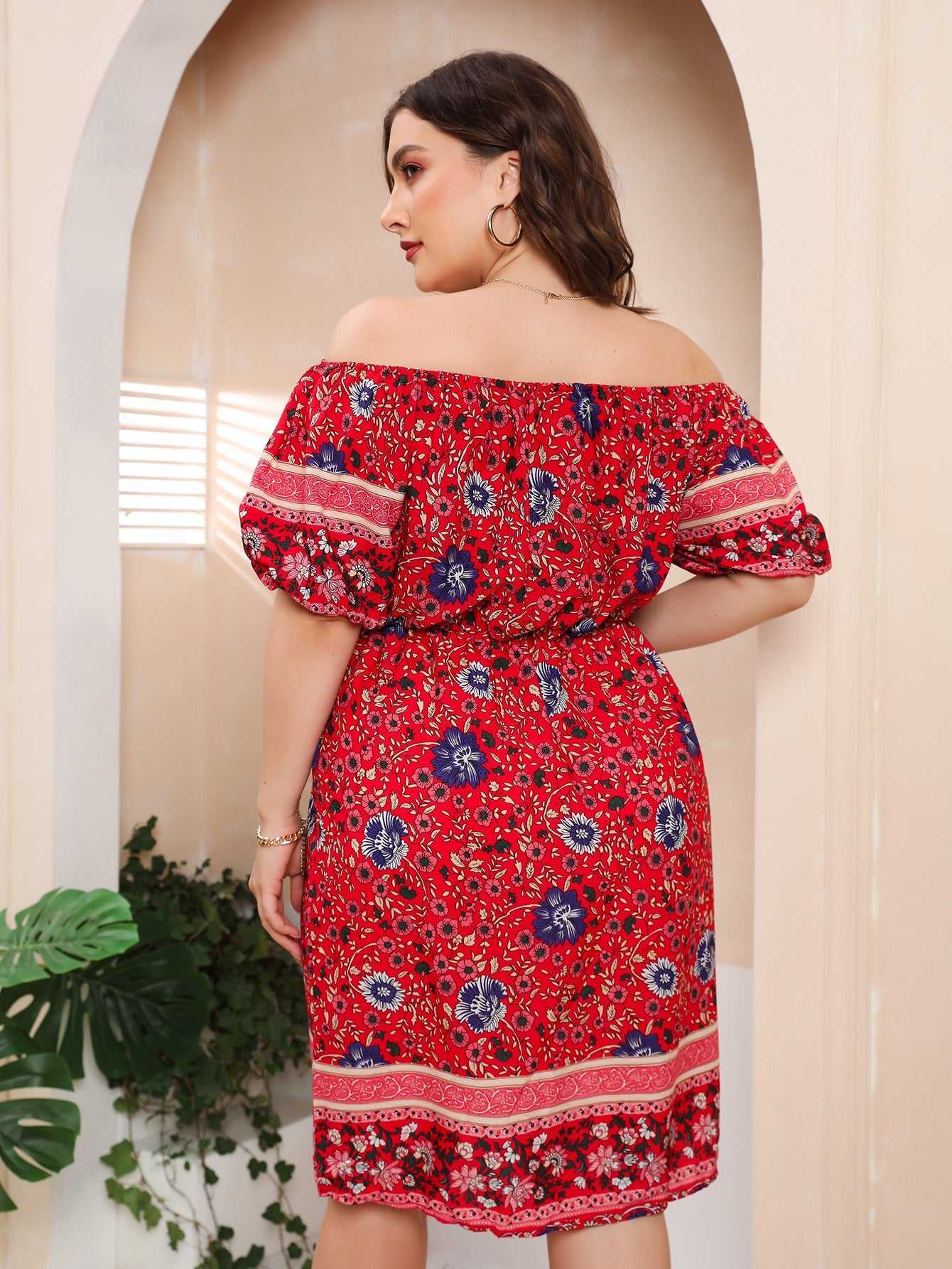 Plus Size Boho Print Off Shoulder Elastic Waist Dress Sai Feel