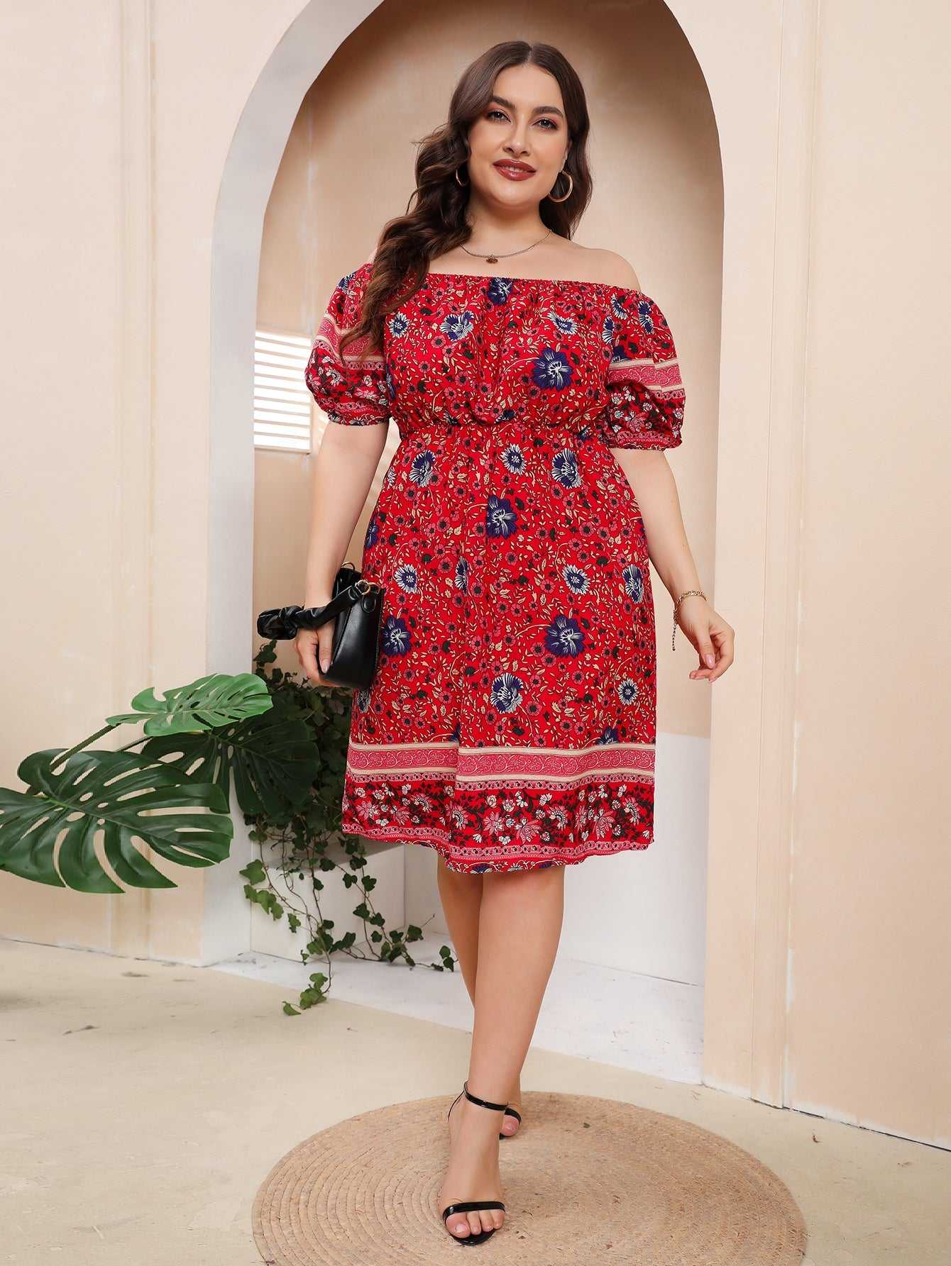 Plus Size Boho Print Off Shoulder Elastic Waist Dress Sai Feel