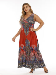 Plus Size Boho Print V Neck Smocked Waist Dress Sai Feel