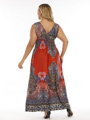 Plus Size Boho Print V Neck Smocked Waist Dress Sai Feel