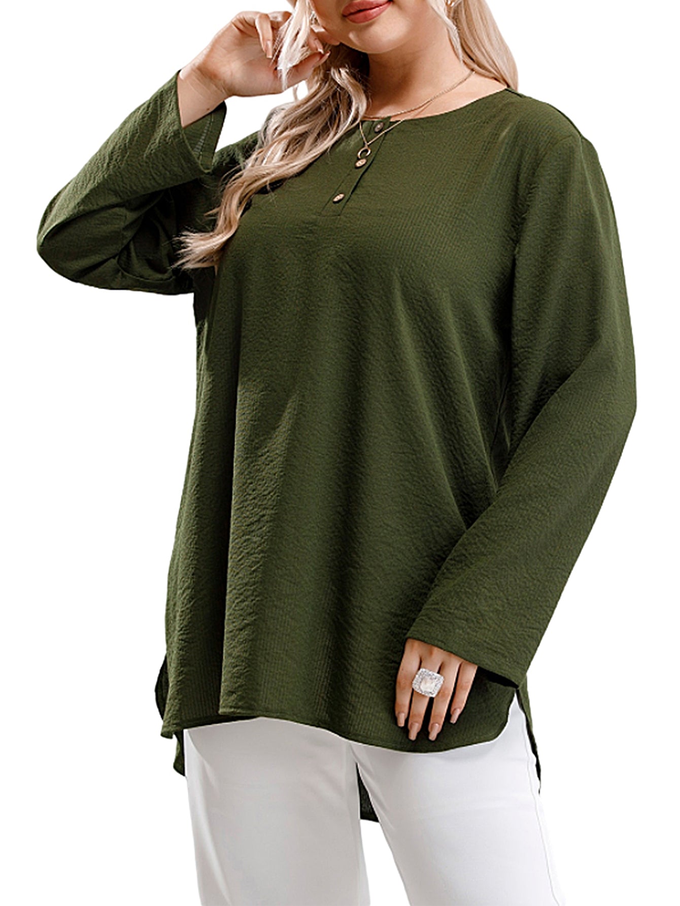 Plus Size Casual patchwork round collar long sleeve shirt Sai Feel