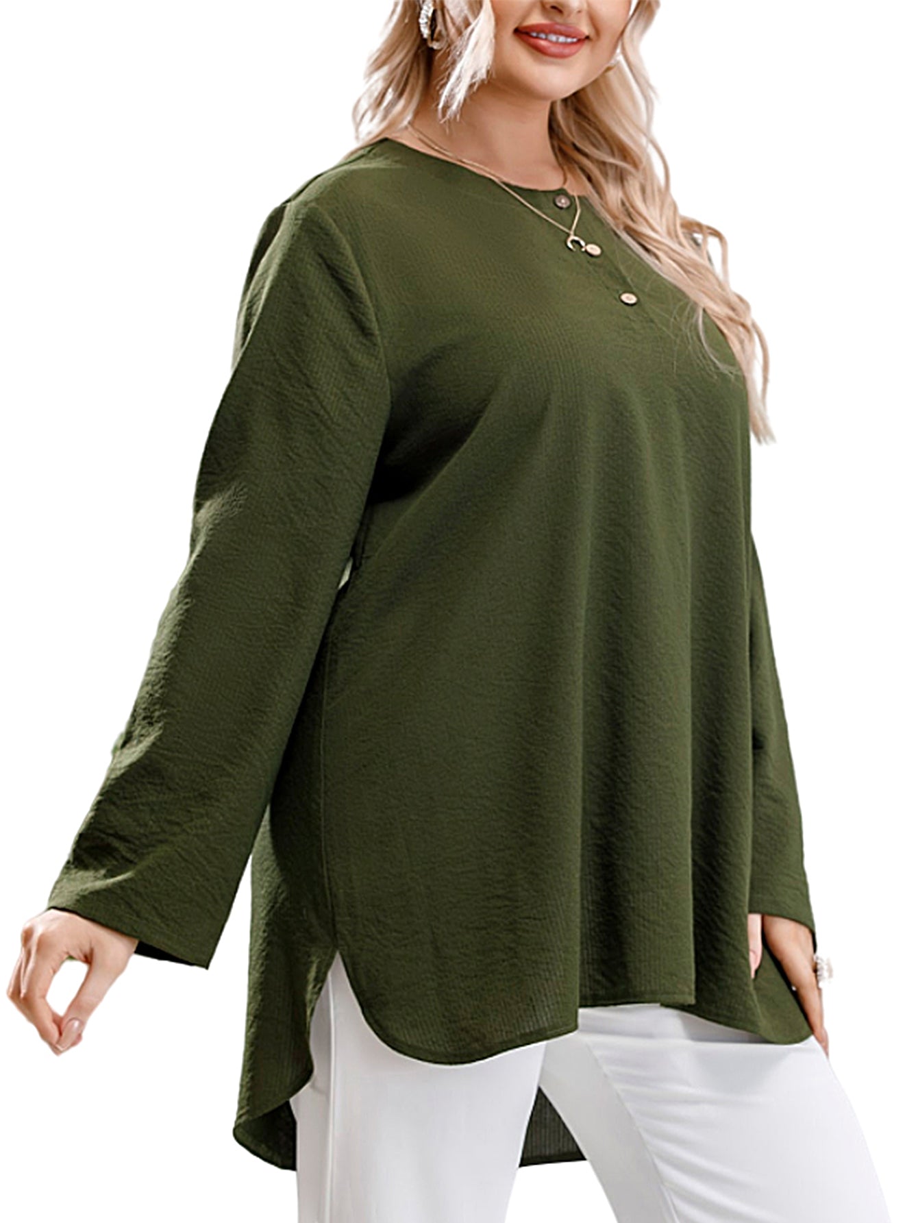 Plus Size Casual patchwork round collar long sleeve shirt Sai Feel