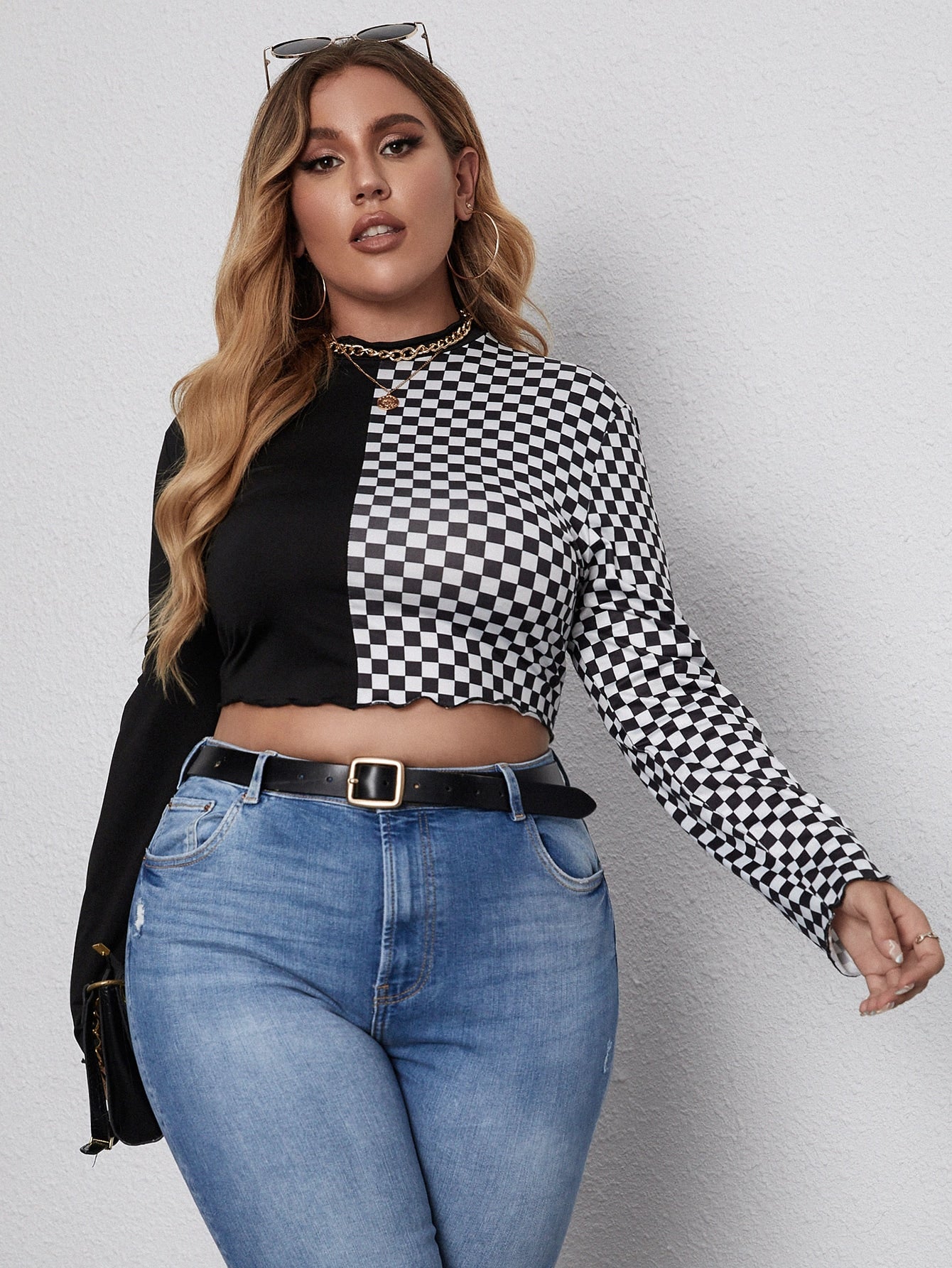 Plus Size Checkered Pattern Crop Top Sai Feel