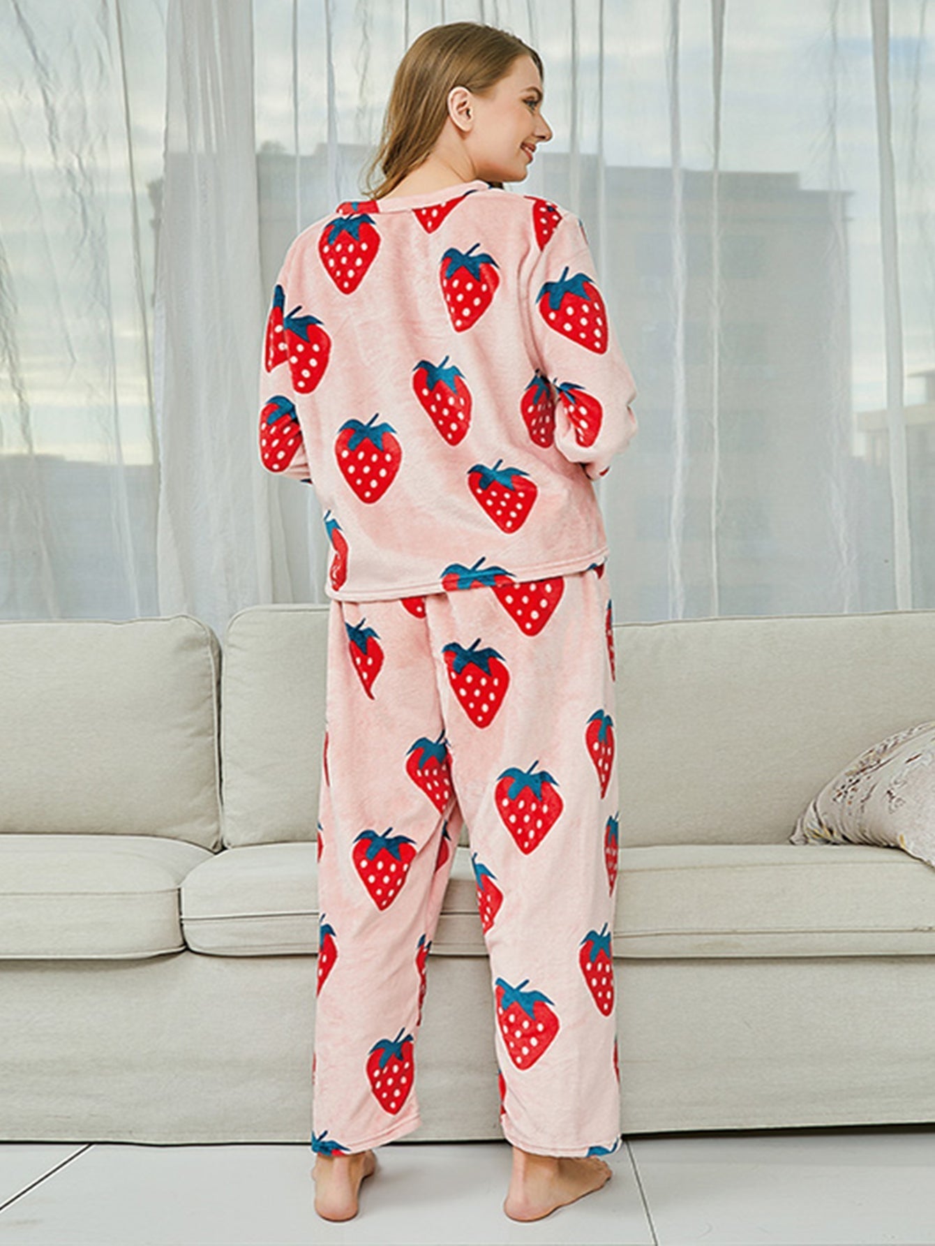 Plus Size Cute Strawberry Flannel Pullover and Pants Set Lounge Sets Sai Feel