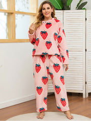 Plus Size Cute Strawberry Flannel Pullover and Pants Set Lounge Sets Sai Feel