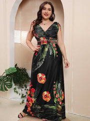 Plus Size Double V-Neck Surplice Front Elastic Waist Black Camellia Maxi Dress Sai Feel