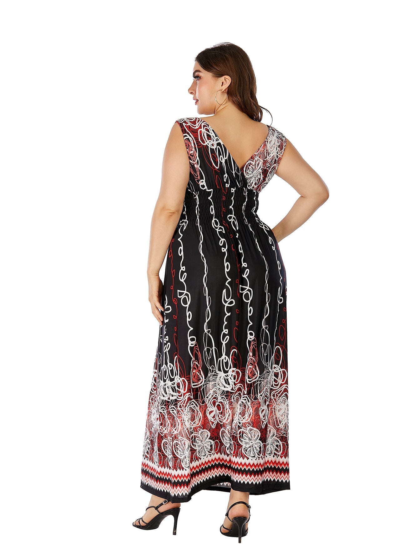Plus Size Double V-neck Paisley Print High Elastic Waist Maxi Dress Beach Dress Sai Feel